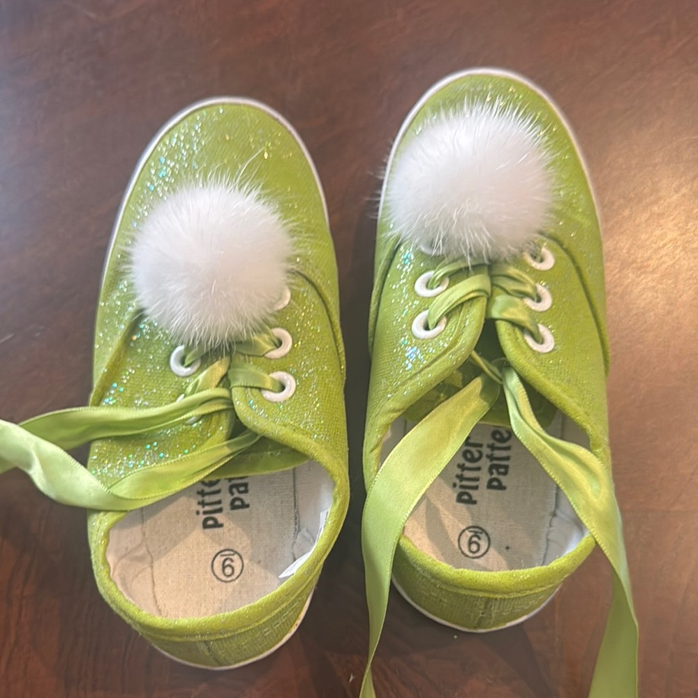 Kids tinkerbelle Green Shoes with White Pom Pom